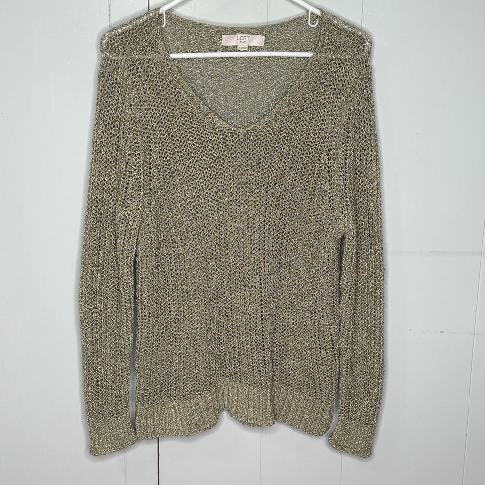 LOFT Open Knit Olive V-Neck Sweater